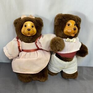 Robert Raikes Wood Face Bears George & Gracie No Bench Signed Need Cleaning VTG